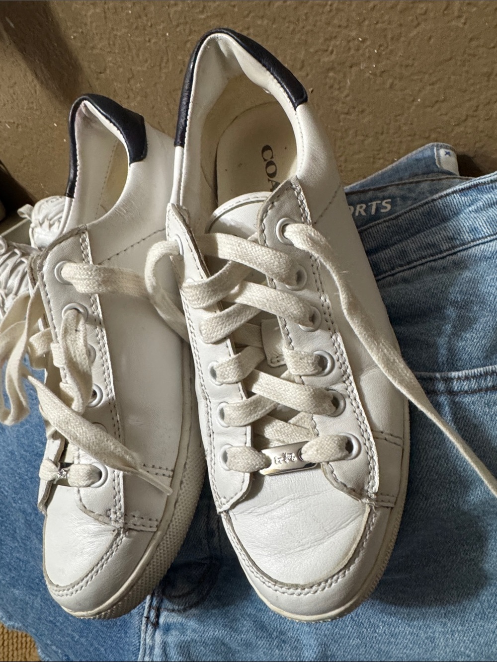 Coach White Leather Sneakers with Navy Heel Tab
